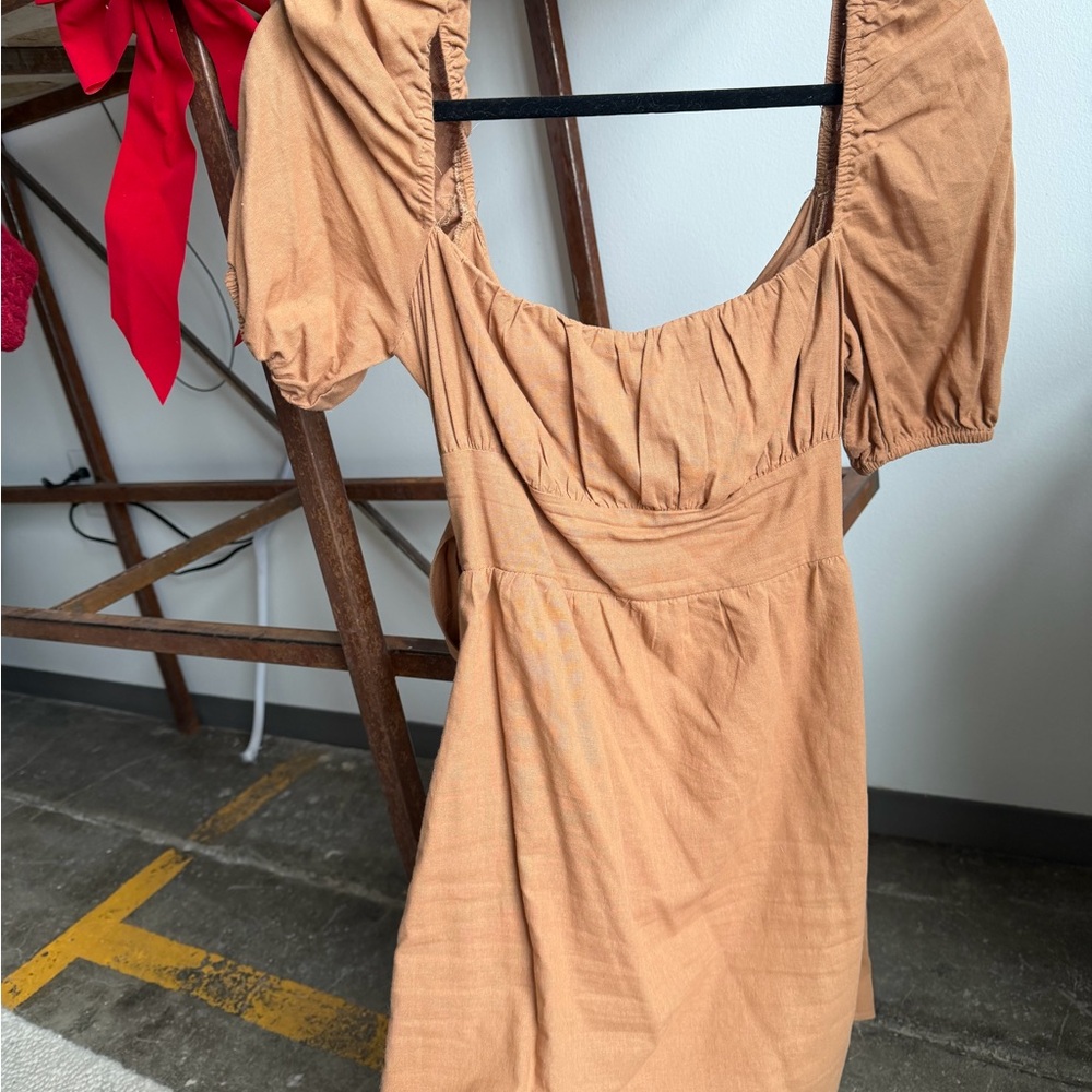 Hello Molly Tan Puff Sleeve Midi Dress